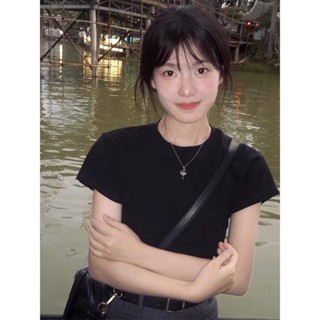 赤道少女 黑色短袖 正肩上衣 美式復古 顯瘦短袖 百搭t恤 基礎款 ins風衣服 打底上衣女