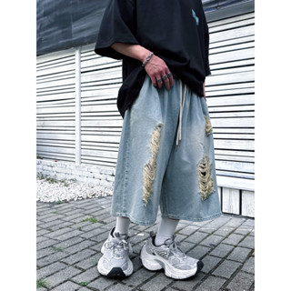 ✨PS Korea韓國🇰🇷floor x unisex洗水大破壞牛仔過膝短褲破褲 歐巴穿搭 修飾雙腿線條 連線款