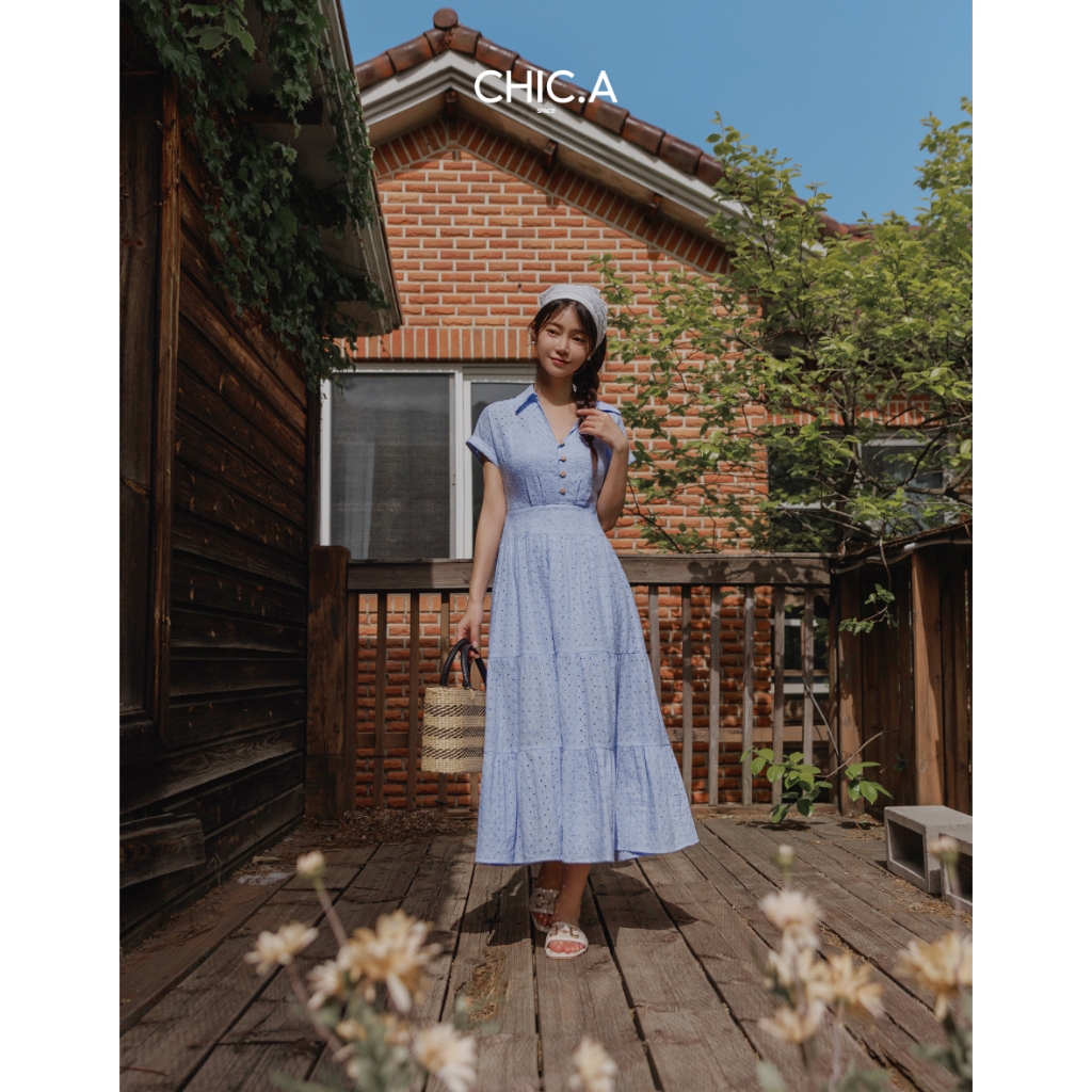 CHIC A SPACE 雕花蕾絲排扣蛋糕長洋裝(白/藍) 女裝 現貨 氣質 高級感