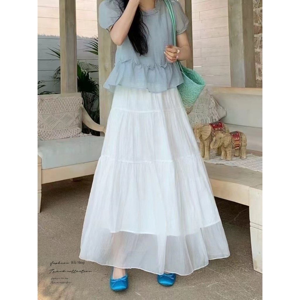 BAi白媽媽 高腰半身裙／微皺肌理感紗蛋糕長裙 A字裙－台灣現貨 隔日到貨【350362】