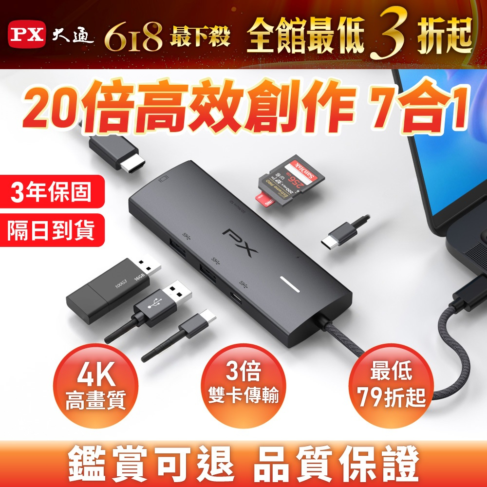 PX大通 7合1 TYPE C HUB CX7-21S 4K@60 10G SD卡 100W快充 USB3.2 3年保固