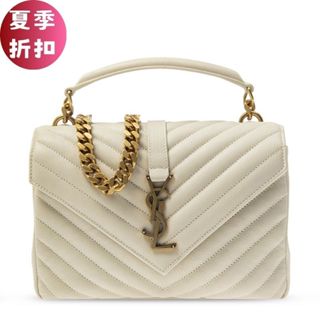 Saint Laurent 聖羅蘭 YSL 中款 College 羊皮學院包 復古白色/金色Logo