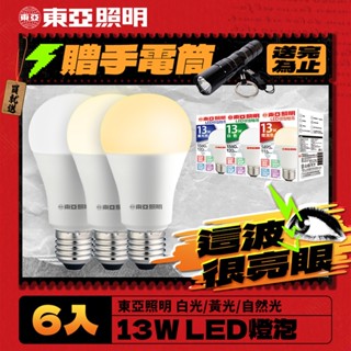 【東亞照明】6入組 13W LED燈泡 省電燈泡 長壽命 柔和光線(白光/自然光/黃光)