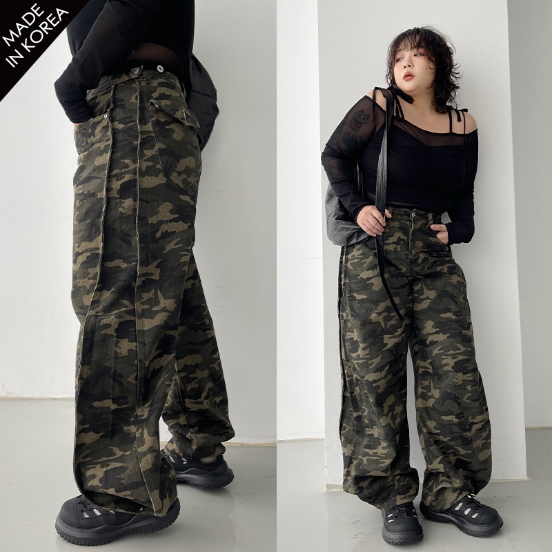 LULUS/PLUS/中大尺碼/韓製/重工腰可調節水洗斜紋寬垮褲S-L迷彩【A04250068】正韓 括腿酷 25050