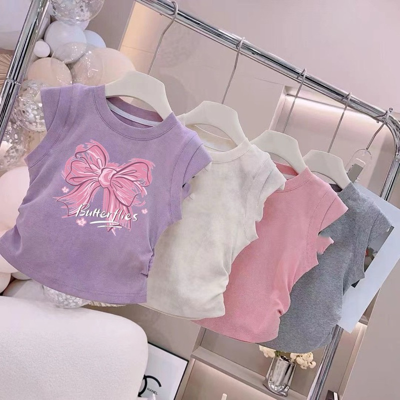 🎉台北現貨天天出貨🚚 女童純棉印花上衣2025新款夏季女孩小飛袖褶皺寶寶夏裝短袖t恤