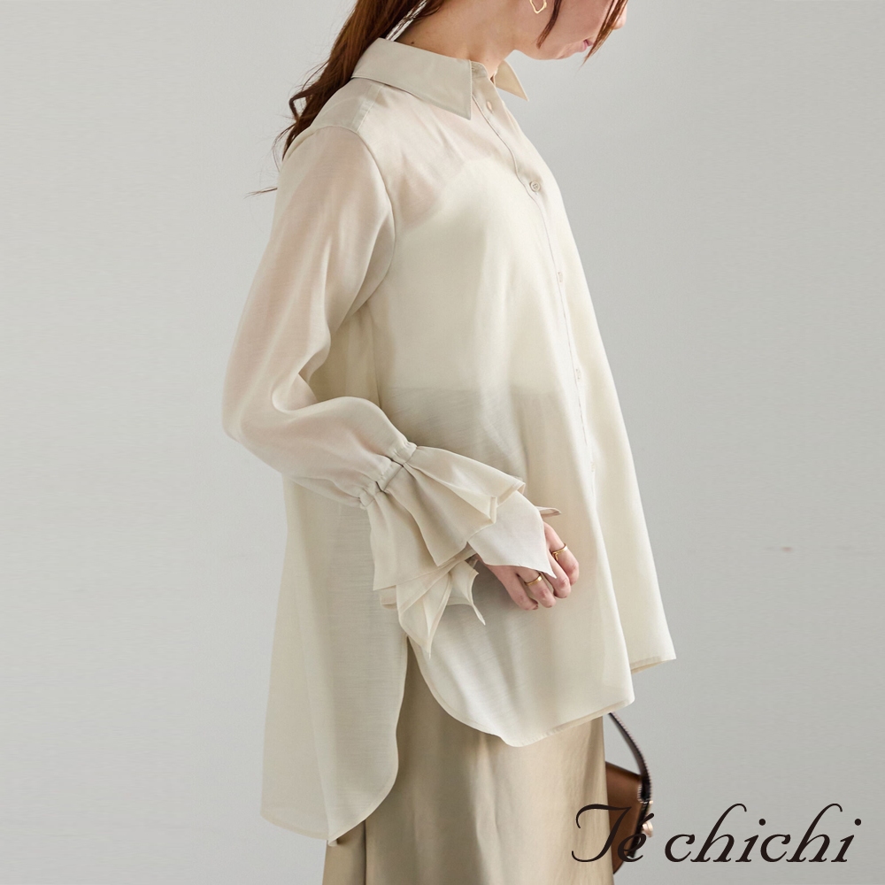 Te chichi 透明感喇叭袖排釦翻領襯衫(0F000521010)