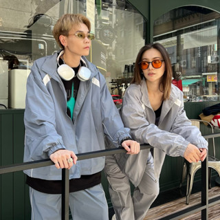 【JES】韓國 美式 街頭 尼龍 套裝 防風 防潑水 拼接 拼色 線條 滾肩 滾邊 潮流 情侶 風衣外套 長褲 外套