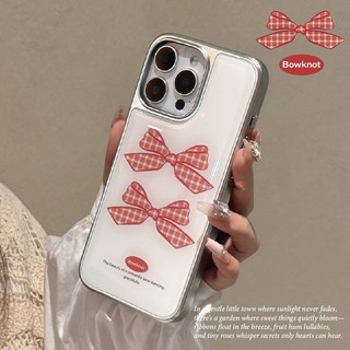 Twinko💗[CA2032]❥超可愛紅格紋雙蝴蝶結-質感銀邊殼/iPhone16 15 14Pro MAX保護殼/防摔