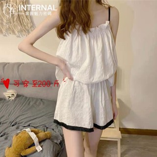 INTERNAL💕大尺碼睡衣 吊帶睡衣 性感睡衣 居家服 兩件套 夏季薄款睡衣 睡衣套裝 女生睡衣 素色短袖短褲睡衣