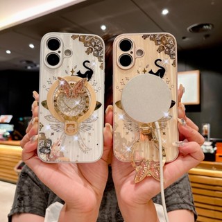 夜貓 鑲鑽蝴蝶指環支架 手機殼 適用於 iPhone16 ProMax 高於鏡頭 i15 i14 i13 防摔保護殼