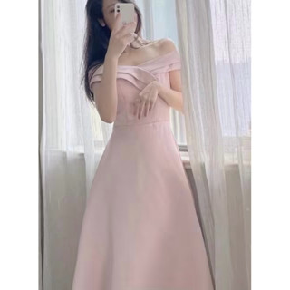 粉色緞面一字領小禮服 伴娘服 連身裙｜S號