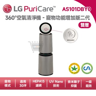 LG 樂金 AS101DBY0 360°空氣清淨機 適用30坪【雙層】寵物功能增加版二代【預購 免運】HEPA 十倍蝦幣