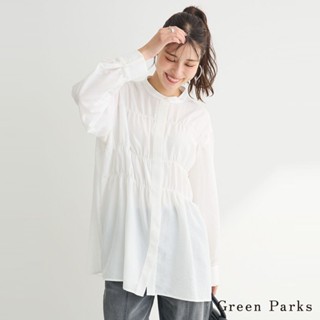 Green Parks 抓褶拼接立領隱扣長版襯衫(06000164200)