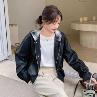 【ⓇⒺⓃⒶ 臺灣現貨每天出】黑色連帽皮衣/寬鬆薄款/機車外套/黑色夾克外套/連帽皮外套/韓版/帥氣【R21926】