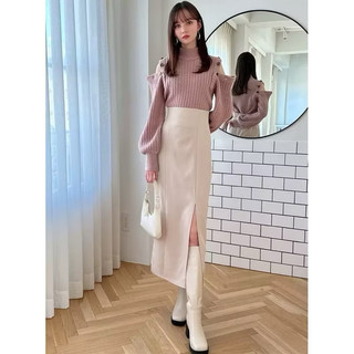 日本GRL日系側拉鍊前開叉高腰半身裙 長裙 白色裙子 側開衩