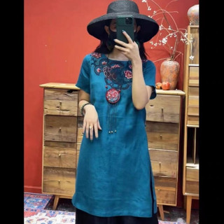 夏季棉麻顯瘦復古民族風時尚洋氣套裝媽媽連衣裙 短袖襯衫 大尺碼女裝 短袖上衣 夏季女裝 氣質上衣 大尺碼襯衫
