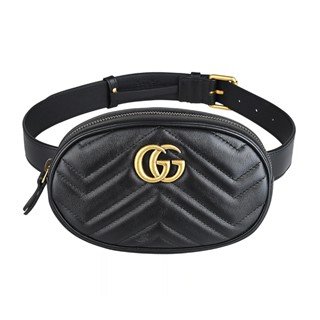 GUCCI Marmont系列立體雙G LOGO顛倒V型絎縫設計牛皮/金屬拉鍊胸腰包(黑)