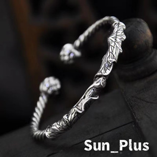 Sun Plus 臺灣現貨 臻耀C款 蓮花鍍銀手鐲 復古風做舊仿泰銀霸氣個性酷螺紋男開口荷花手鐲 手鐲 手環 飾品 手鍊