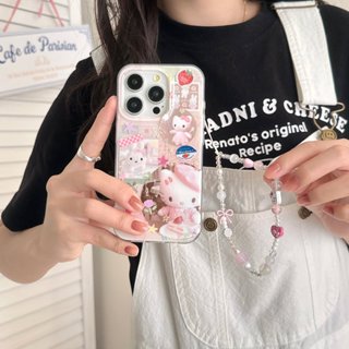 卡通 粉色Kitty貓拼貼畫 配手鏈 全包防摔保護套 iPhone 16 Pro Max 15 14 13 手機殼