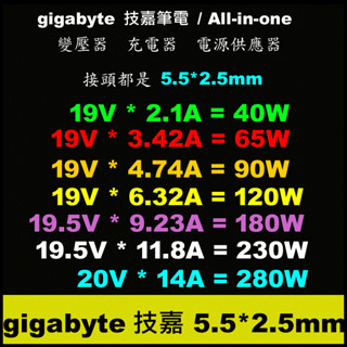 gigabyte 技嘉 筆電 充電器 變壓器 65W 90W 120W 150W 180W 230W 5.5*2.5mm