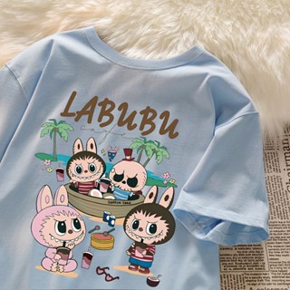 海邊椰樹 labubu 水洗T恤 短袖上衣 重磅純棉 美式復古 拉布布 衣服 短袖t oversize 休閒上衣 做舊t