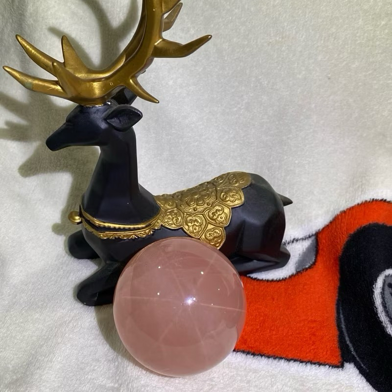 天然粉水晶球 7.7公分 六芒星🌟12芒星🌟帶彩片  🦌附鹿座🦌