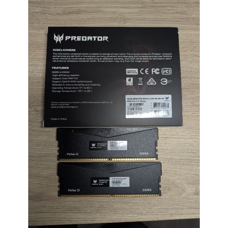 ACER Pedator Pallas II DDR5 6000 CL30 64G(32G*2) 雙通道雙參數