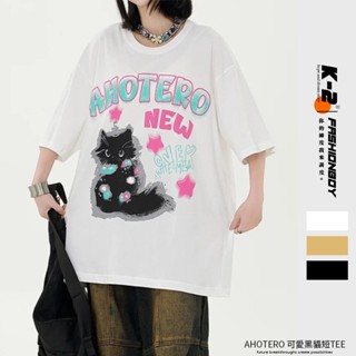 【k-2】ahotero 黑貓 星星 可愛貓咪 cat 美式復古 蠟筆塗鴉 短袖 上衣 精梳棉 寬鬆短t【j3358】