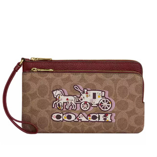COACH 雙層大款手拿包 真皮/防刮老花PVC塗層帆布 零錢包 手拿包 長夾 錢包 CX590 櫻桃紅(現貨)
