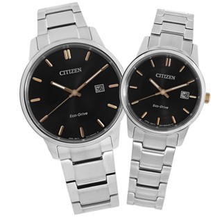CITIZEN / 光動能 藍寶石水晶玻璃 日期 不鏽鋼手錶 情人對錶 黑色 40mm+27mm