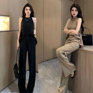韓版時尚御姐範套裝女 高階感無袖上衣高腰闊腿褲兩件套 西裝套裝 西裝闊腿褲 女裝套裝 夏裝套裝 西裝女 衣服 套裝女