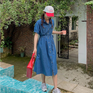 CHILL現貨 韓系綁帶牛仔洋裝 女生 牛仔連身裙 短袖牛仔洋 夏天牛仔短洋 顯瘦過膝長洋裝 大傘擺洋 預購