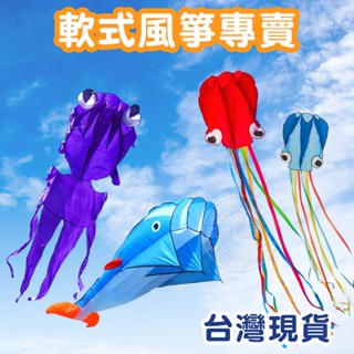 臺灣出24H開發票 造型軟式風箏 造型風箏 章魚 鯨魚 金魚 動物風箏 捲線器 釣竿 無骨架風箏 風箏 風箏捲線器