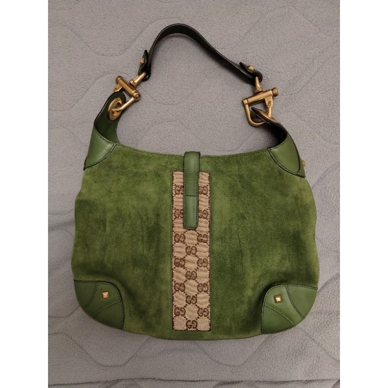 ［正品］GUCCI綠色麂皮賈姬包，二手