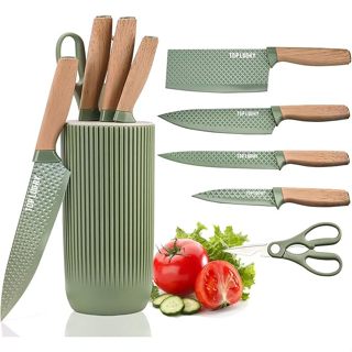 【熱銷新品】北歐風高質感廚房刀具5件組｜仿木紋手柄＋不沾塗層刀面+收納｜送禮自用兩相宜