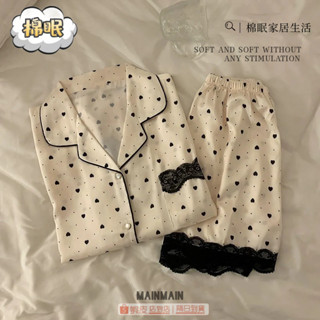 ☁☁棉眠家居生活☁☁【現貨】韓系高階感冰絲春夏季薄款睡衣女愛心開衫可外穿家居服女套裝 睡衣 冰絲睡衣 短袖睡衣 睡衣套裝