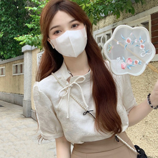 【40KG-70KG】S-2XL復古國風立領泡泡袖襯衫女新款夏中式改良旗袍短袖上衣