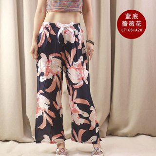LF 1681 人棉 棉綢 九分褲 海灘褲 家居褲 睡褲 波西米亞 度假 女裝 春夏 寬鬆 阿美氏 民族風 藍底薔薇花