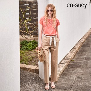 【en-suey 銀穗】造型腰頭裝飾釦直管長褲 - 卡/藍 5213-1501
