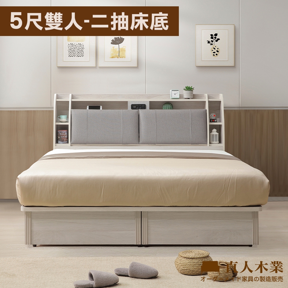 【日本直人木業】MZ卓越當代日系風收納側兩抽5尺雙人床組 (附USB插座)