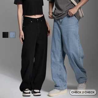 Check2Check-寬版錐形牛仔褲 男女可穿 彎刀 闊腿落地 水洗 寬褲 韓系日系【CB0025115】[現貨]