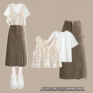 （免運）服裝-潮流館夏季套裝女2025新款大碼女裝穿搭短袖上衣背心配牛仔半身裙三件套