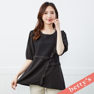 betty’s貝蒂思(41)荷葉邊交叉拼接五分袖上衣(黑色)