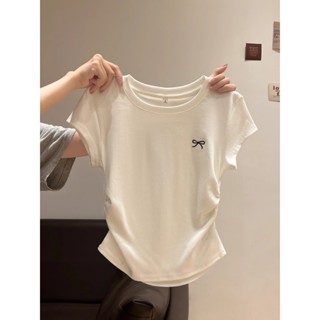 ROOLRREN 純棉 短袖T恤 蝴蝶結刺繡上衣 圓領T恤 夏天衣服 修身上衣 褶皺上衣 收腰上衣 小飛袖上衣 短款上衣