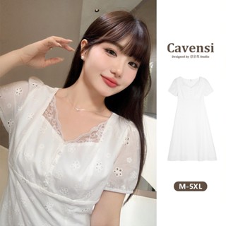 【Cavensi】溫柔甜美仙女裙 專櫃質料M-5XL 白色蕾絲連身裙 短袖洋裝 雪紡連衣裙 大尺碼洋裝 白色洋裝 S22