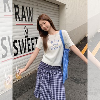 韓版撞色字母刺繡針織短袖t恤女夏季新款寬鬆短款上衣