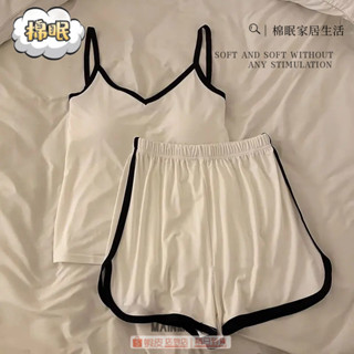 ☁☁棉眠家居生活☁☁【現貨臺灣出貨】ins韓系涼感睡衣女夏季吊帶背心附胸墊簡約薄型套裝家居服