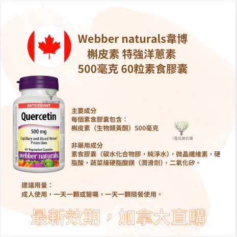 加拿大 Webber natural 韋伯 特強洋蔥素 槲皮素 Quercetin 500毫克 60顆素食膠囊