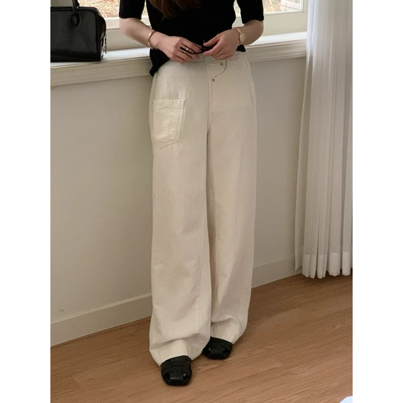 預購 MUI 棉麻牛仔褲 白色牛仔褲 鬆緊直筒寬褲 丹寧長褲 百搭 東大門 Kao.1923