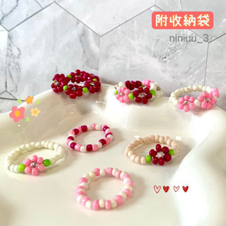 niniuu_3✨臺灣現貨(出貨) 『粉紅花朵串珠戒指』花朵戒指 y2k戒指 可愛戒指 米珠戒指粉紅戒指夏天戒指甜美戒指